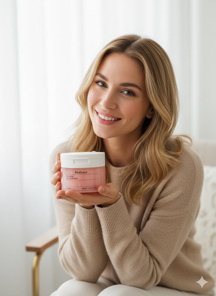 Woman holding a pink and white container with a blurred background